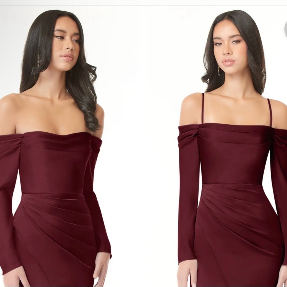 Azazie “Hallie” Cabernet Off-Shoulder Long Sleeve Evening Gown
